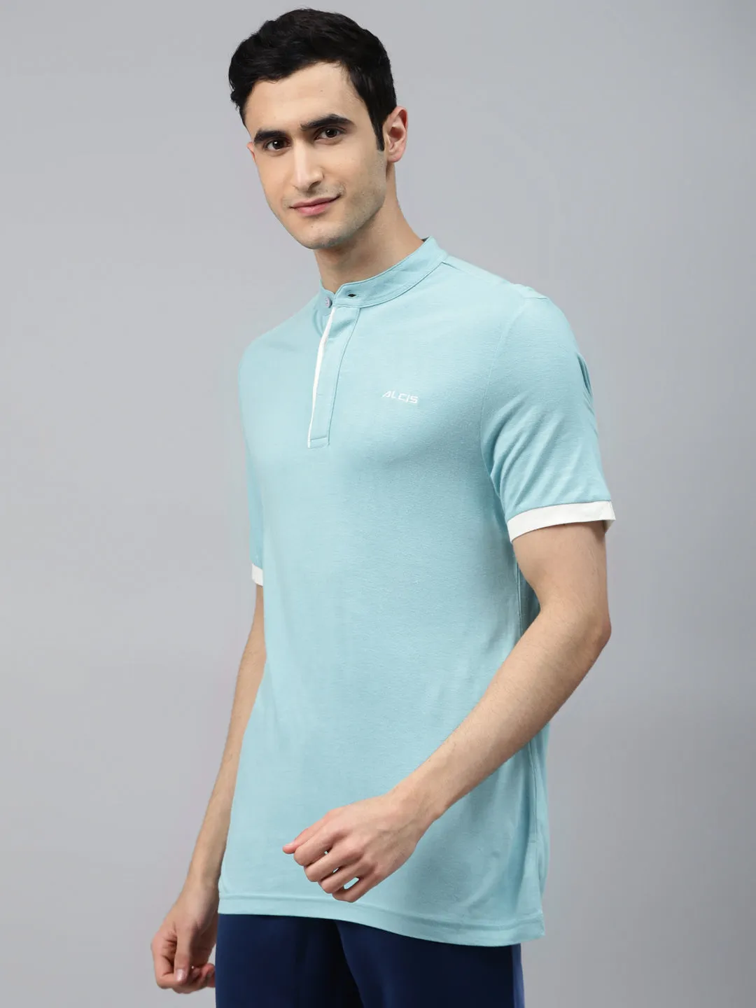 Alcis Men Blue Solid Mandarin Collar T-shirt Forest Air