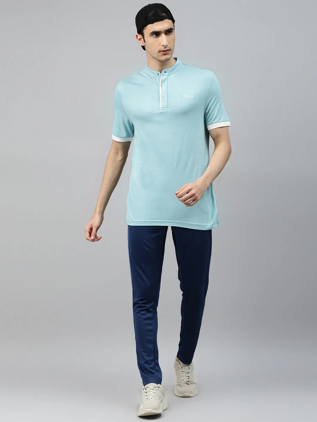 Alcis Men Blue Solid Mandarin Collar T-shirt Smile Glow Noble Core