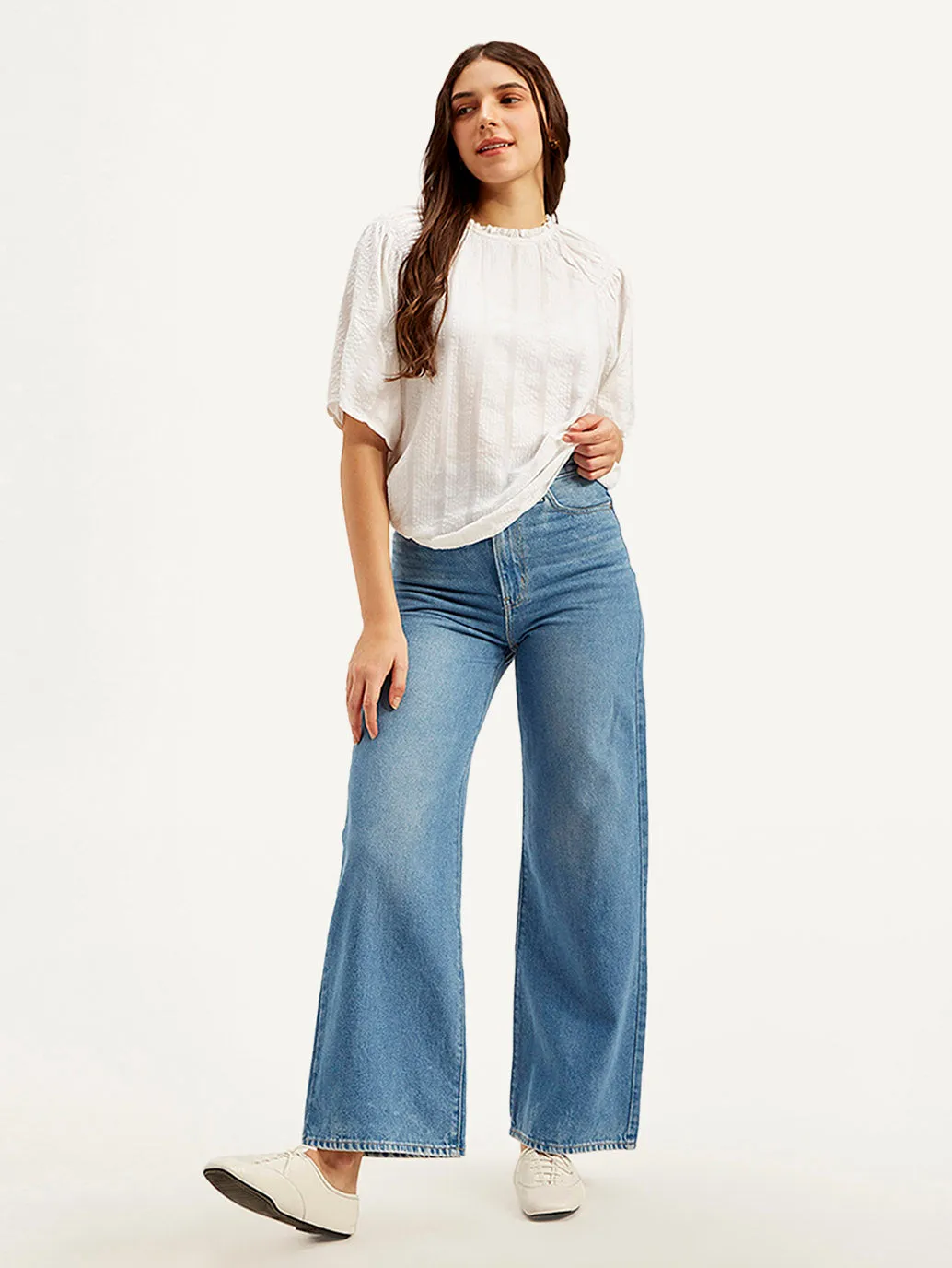 Modern Textured Stylish Daily Wear Parent Style Women's Blue Ribcage Bell Bottom Wide Leg Fit High Rise Jeans