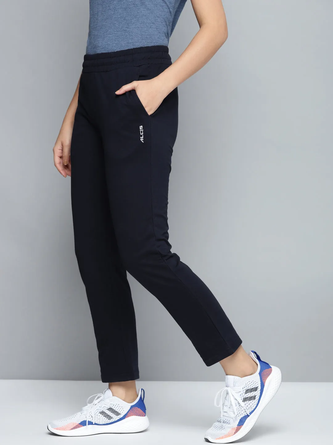 Alcis Women Navy Blue Solid Track Pants Detachable belt