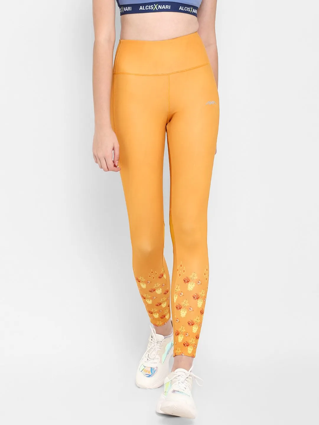 Alcis Women Yellow Solid Tights No Gap Waistline Squat Proof Morning Stretch