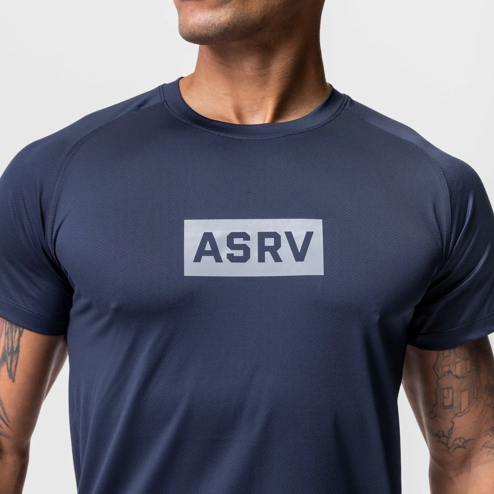 Moisture Management Fabric 0660. AeroSilver? Established Tee - Navy "Box Logo"