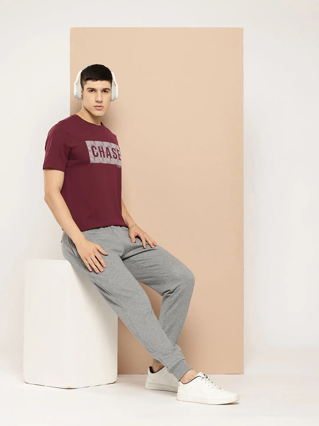 Alcis Men Burgundy Typography Printed T-shirt Ocean Glow