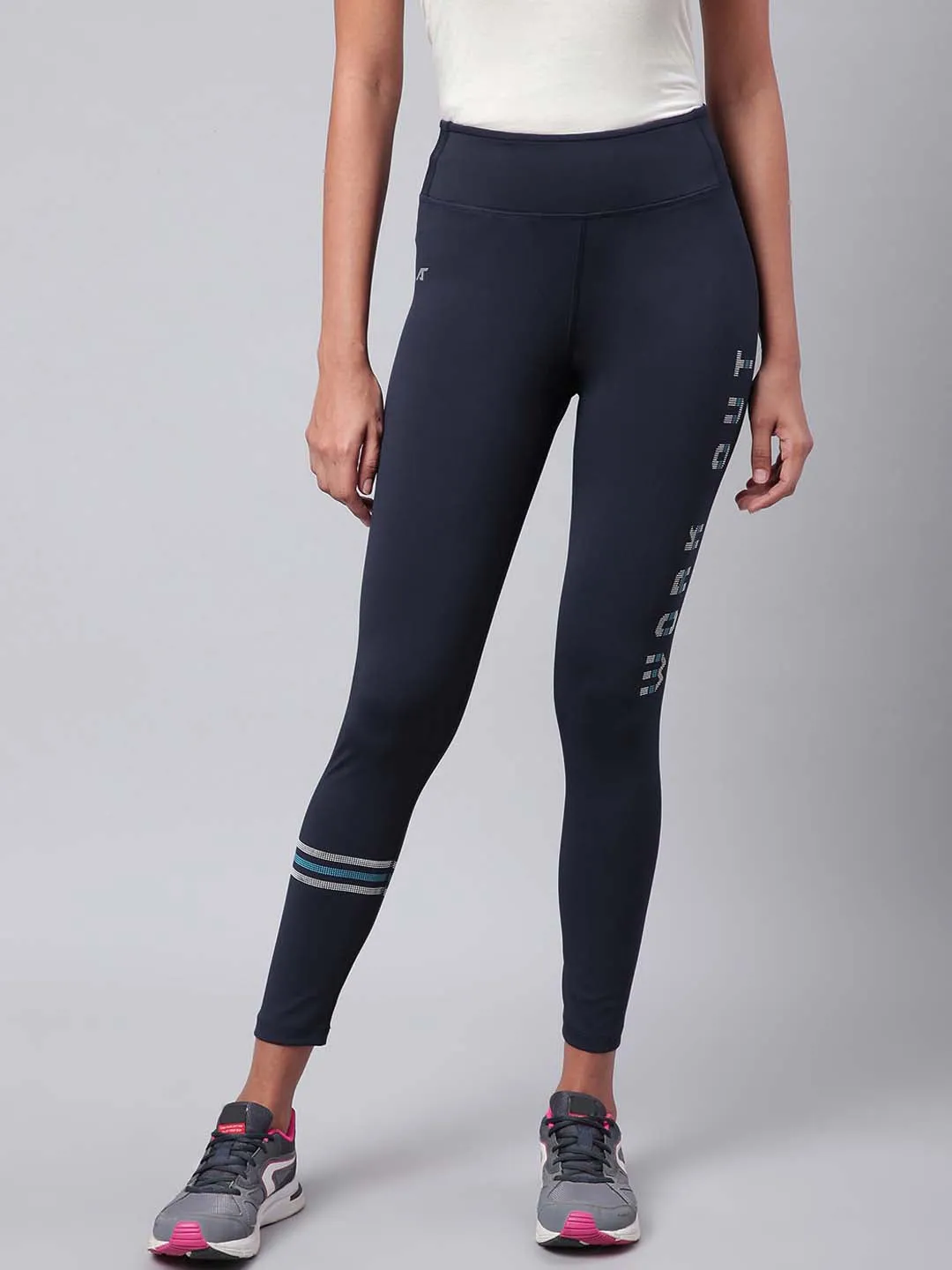 Alcis Women Navy Blue Drytech  Solid Cropped Training Tights No irritation Extra Soft Studio Practice