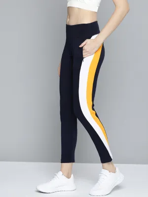 Alcis Women Navy Blue Mustard Yellow Colourblocked 7/8 Tights Mesh Panel Studio Practice