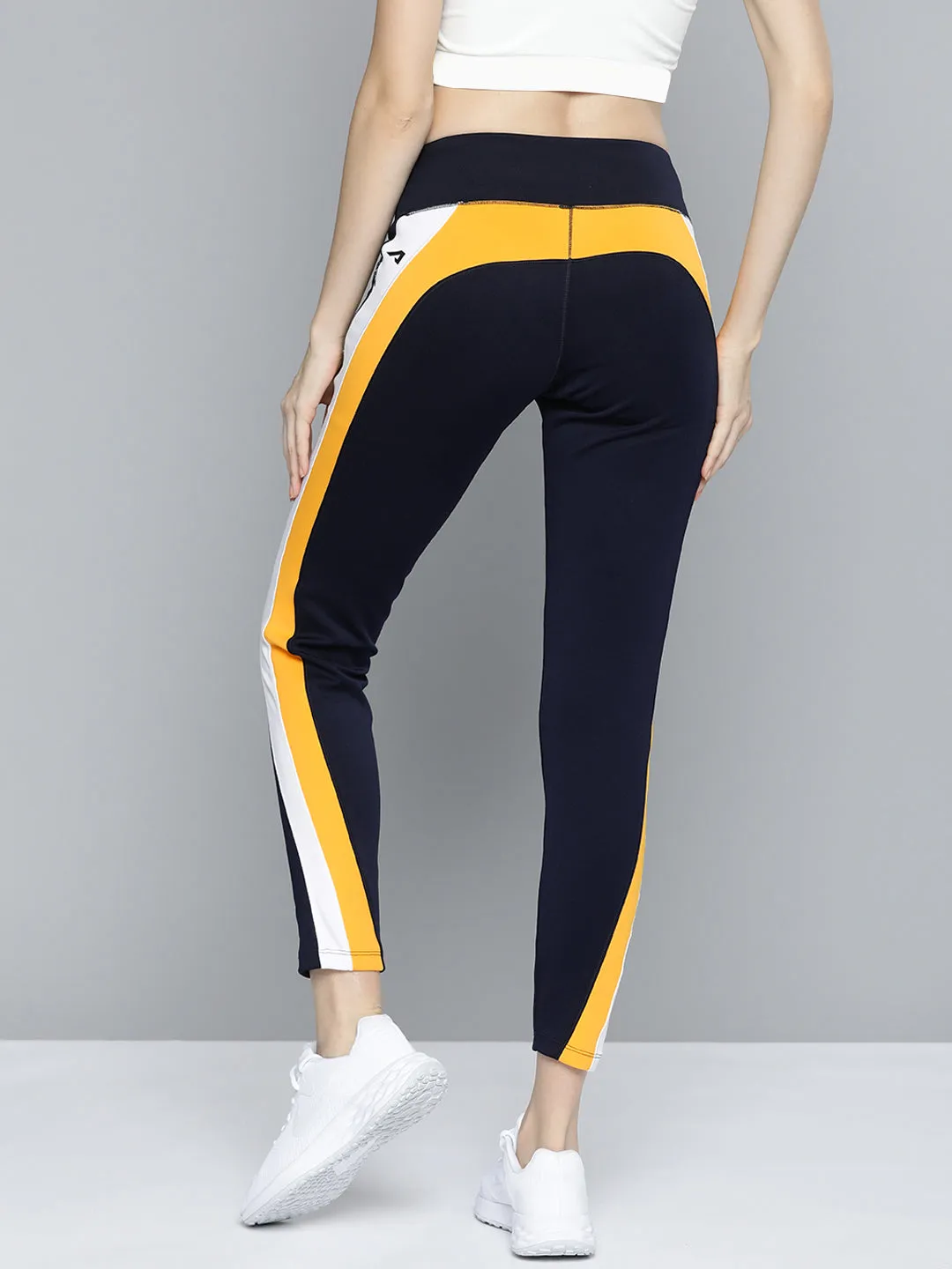 Tagless Labeling Non Slip Waistband Alcis Women Navy Blue Mustard Yellow Colourblocked 7/8 Tights