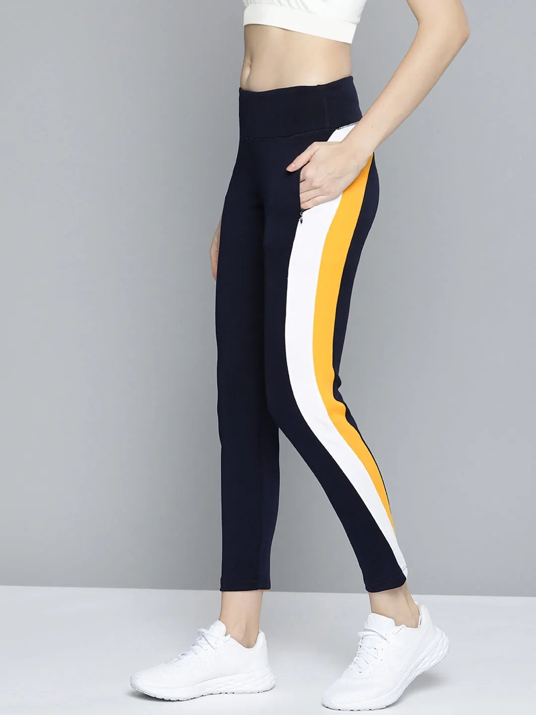 Alcis Women Navy Blue Mustard Yellow Colourblocked 7/8 Tights Mesh Panel Studio Practice