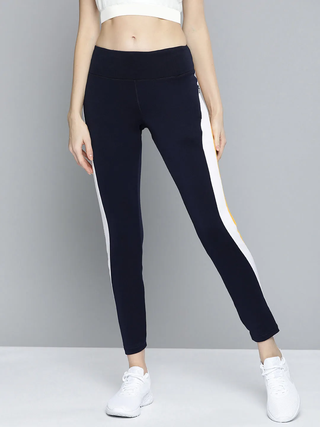 Alcis Women Navy Blue Mustard Yellow Colourblocked 7/8 Tights Wide Waistband Support