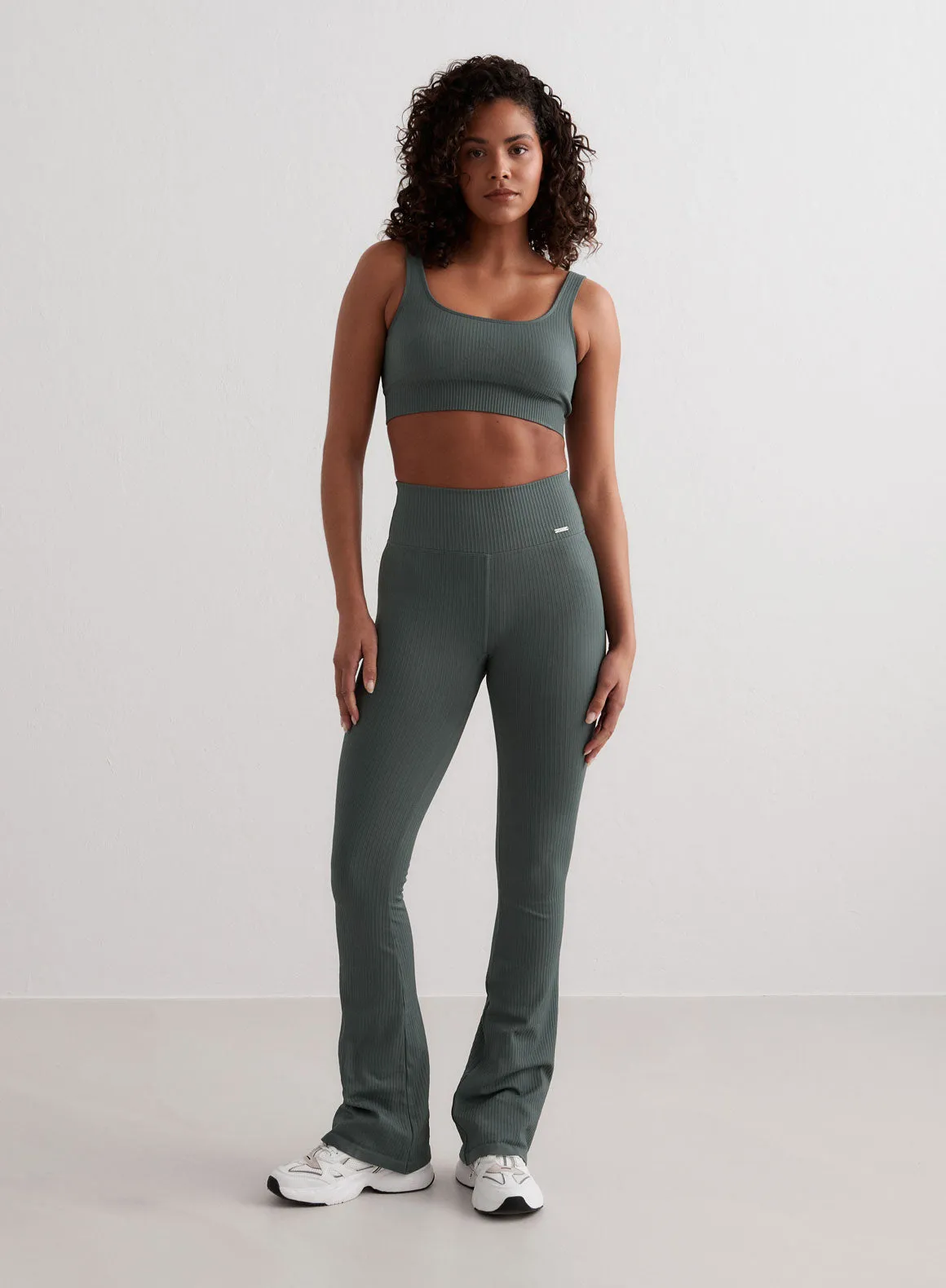 Multi Purpose Squat Proof Morning Stretch Sage Ribbed Seamless Flare Tights
