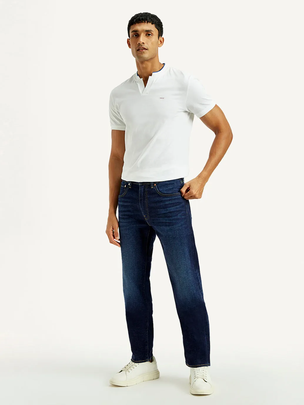 Neutral Outfit Stylish Casual Men's 505 Dark Indigo Straight Fit Mid Rise Jeans