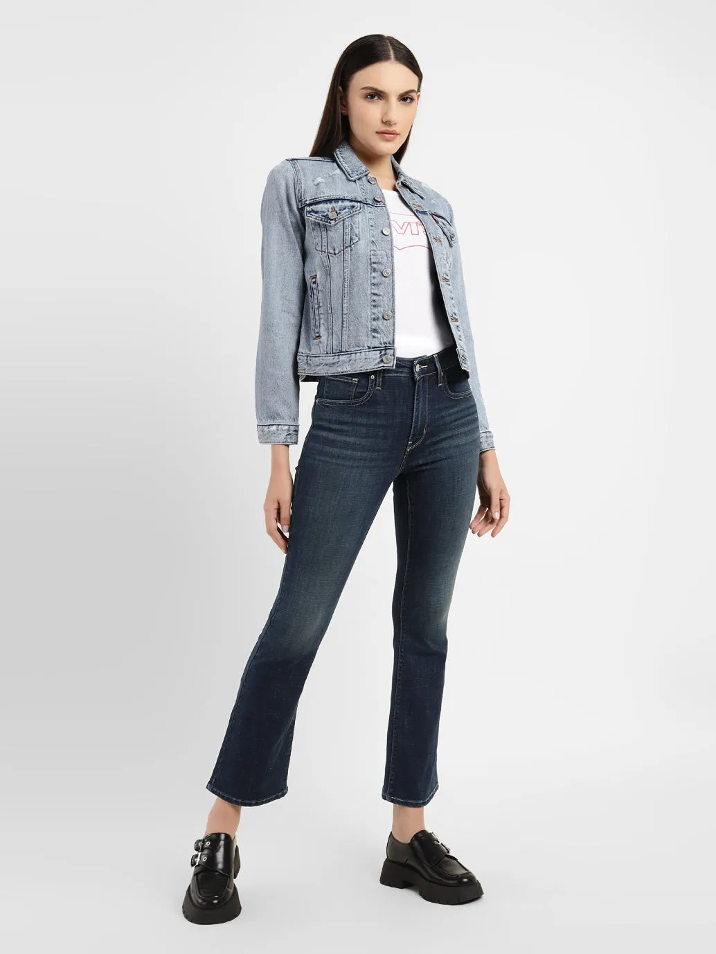 Casual Street Double Layered Knees Women's 725 Blue Flared Fit High Rise Jeans