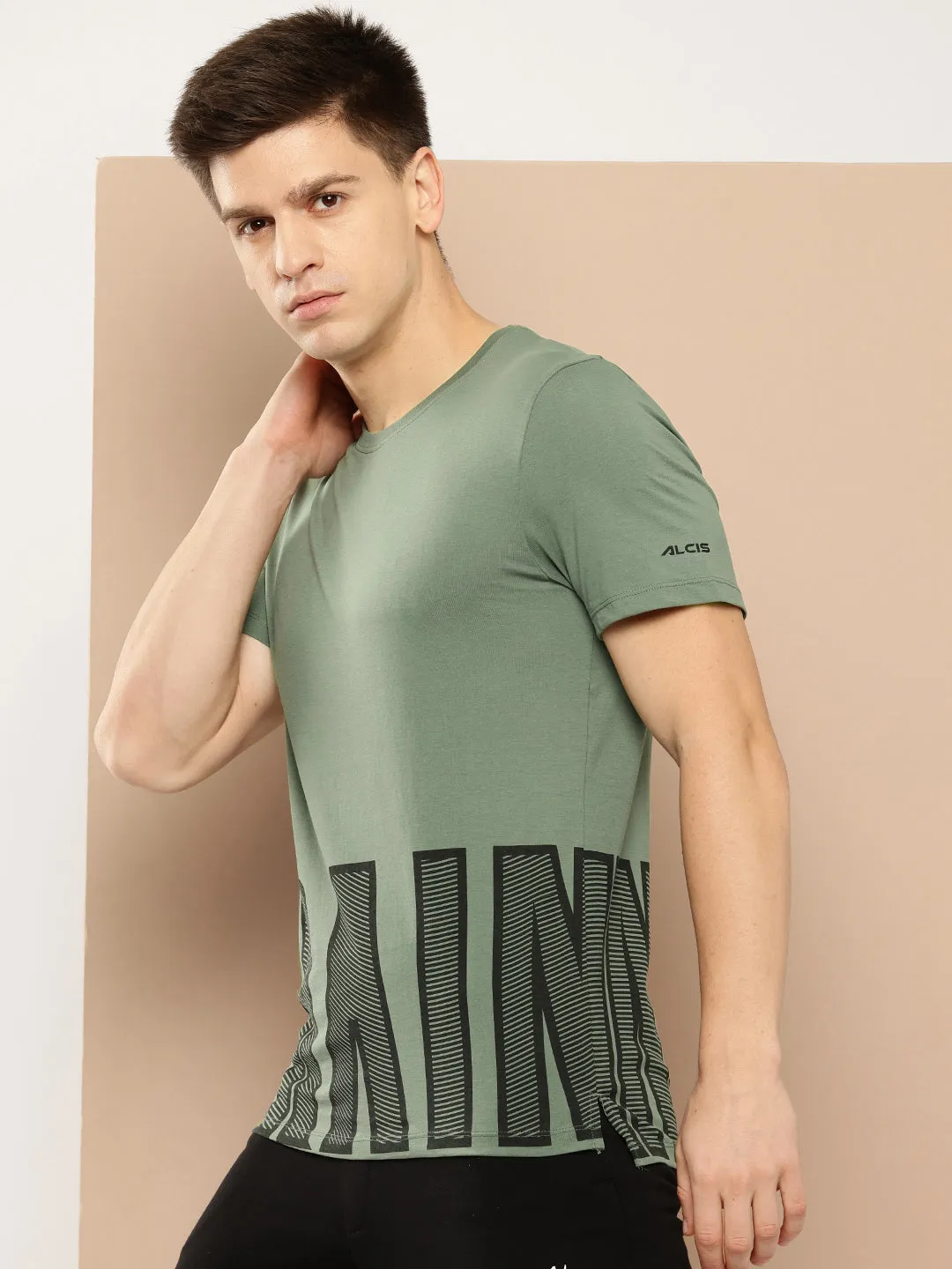 Alcis Men Green Black Typography Printed Dry Tech Slim Fit Sports T-shirt Airflow Mesh Panels ChafeResistant Seams