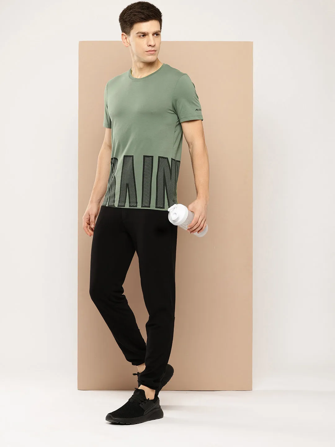 Alcis Men Green Black Typography Printed Dry Tech Slim Fit Sports T-shirt Jewel tone