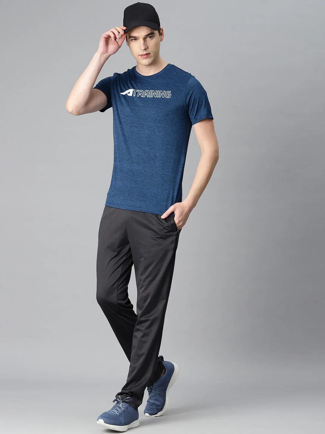 Alcis Men Navy Blue Typography Printed Anti Static Slim Fit Sports T-shirt AbrasionResistant