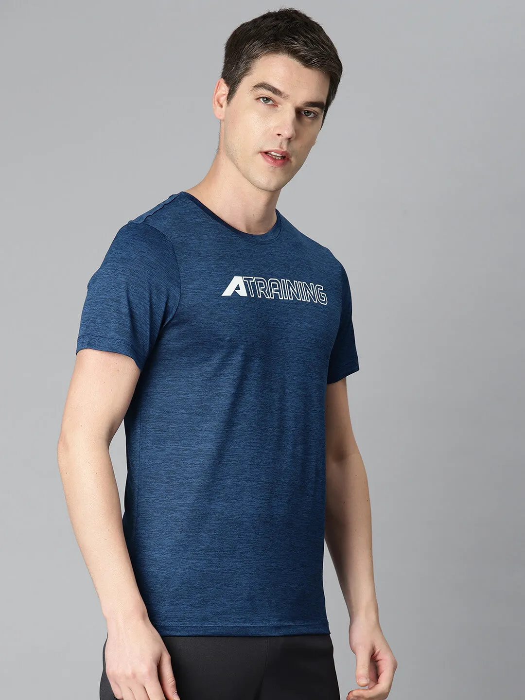 Alcis Men Navy Blue Typography Printed Anti Static Slim Fit Sports T-shirt SeamFreeEngineering
