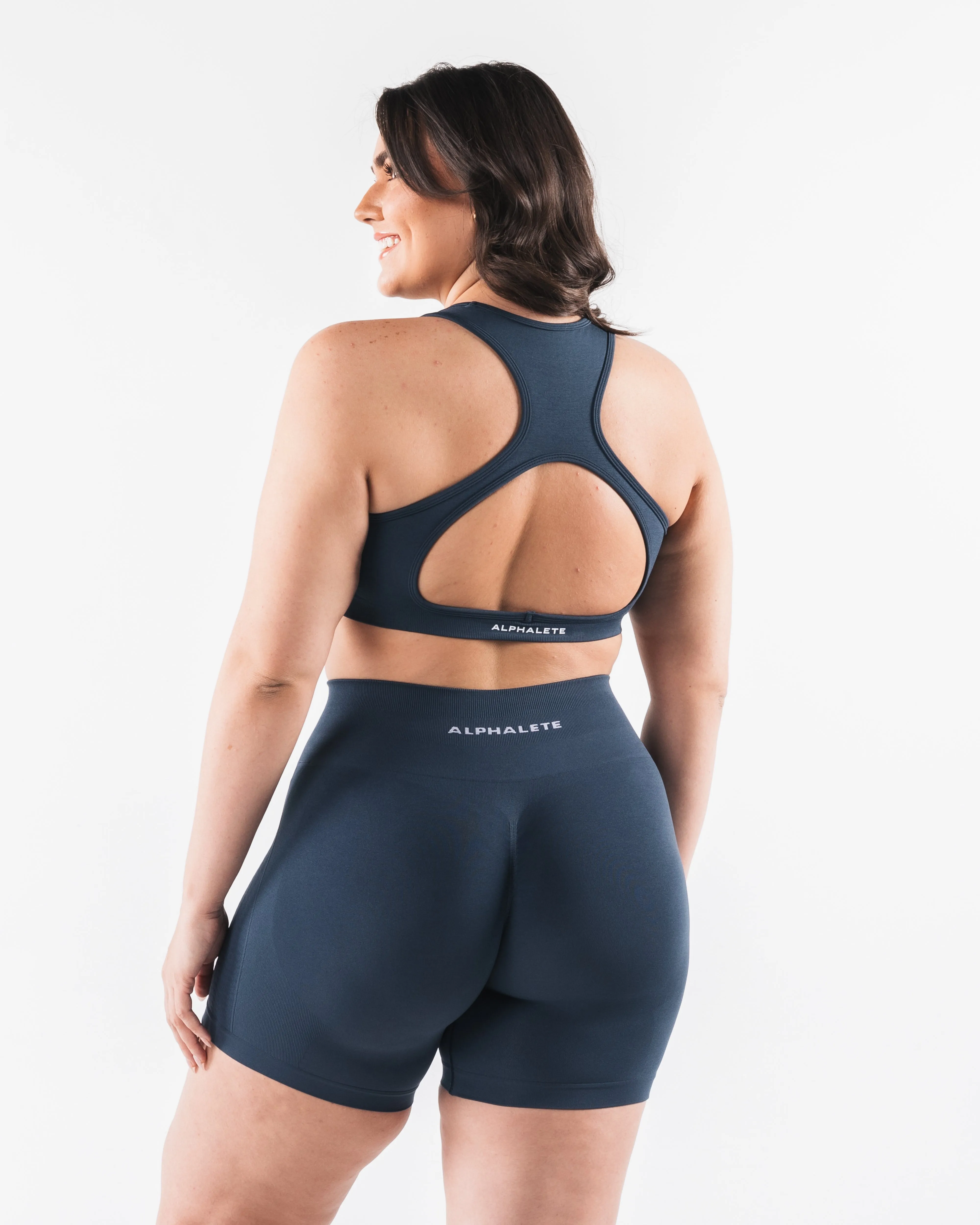 High neck seams Topstitching seams Amplify Contour Bra - Trusted Blue