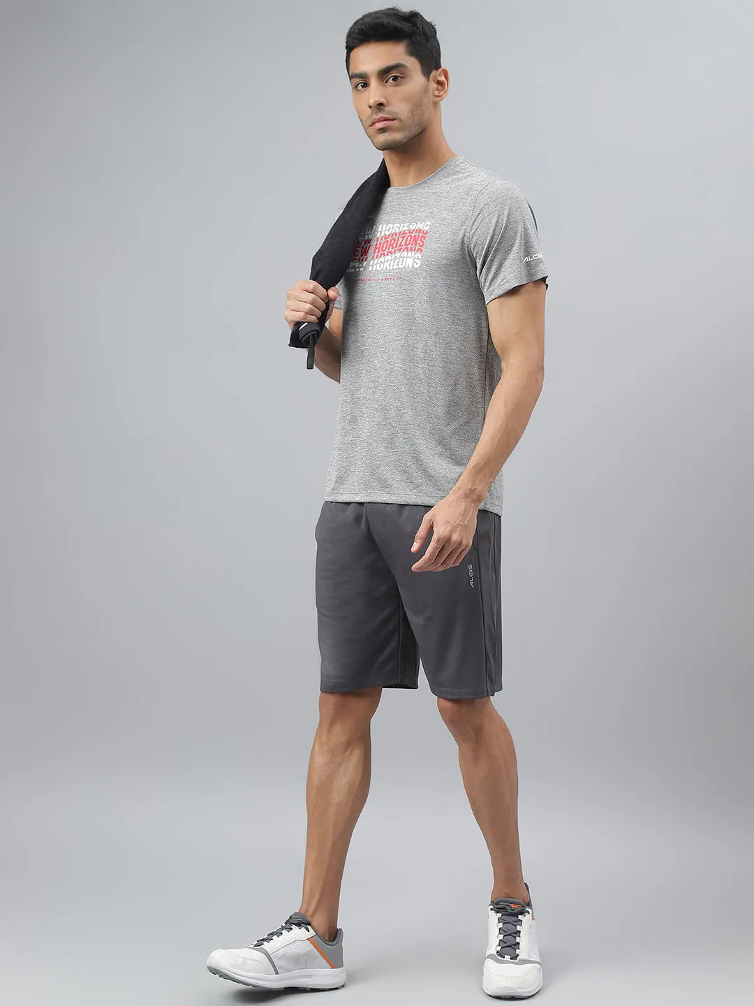 Permanent Crease Free Mind Alcis Men Printed Grey Cationic Anti-Static Slim-Fit Round Neck Training T-Shirt