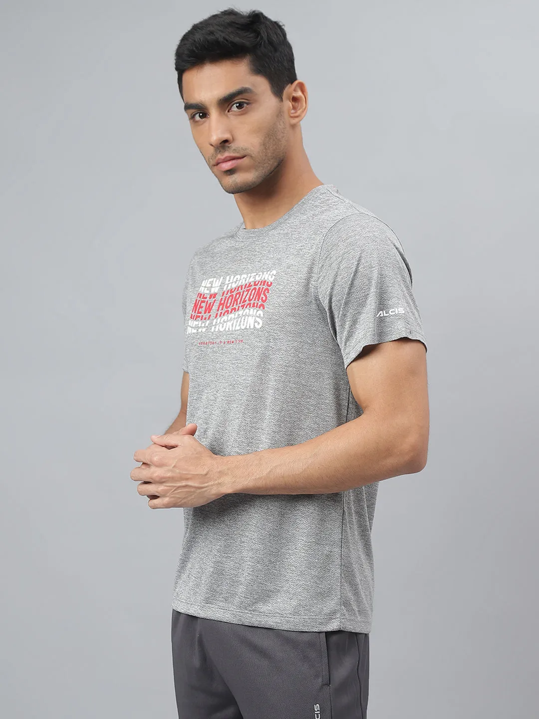 Mind Glow Ocean Air Alcis Men Printed Grey Cationic Anti-Static Slim-Fit Round Neck Training T-Shirt