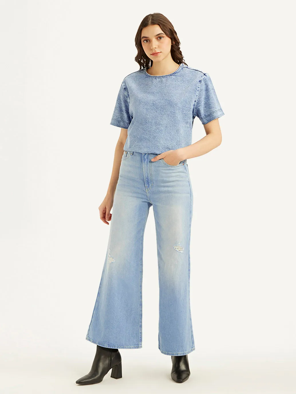 Women's Blue Ribcage Bell Bottom Wide Leg Fit High Rise Jeans Nature Lover Shopping Day Everyday Low Profile Zipper