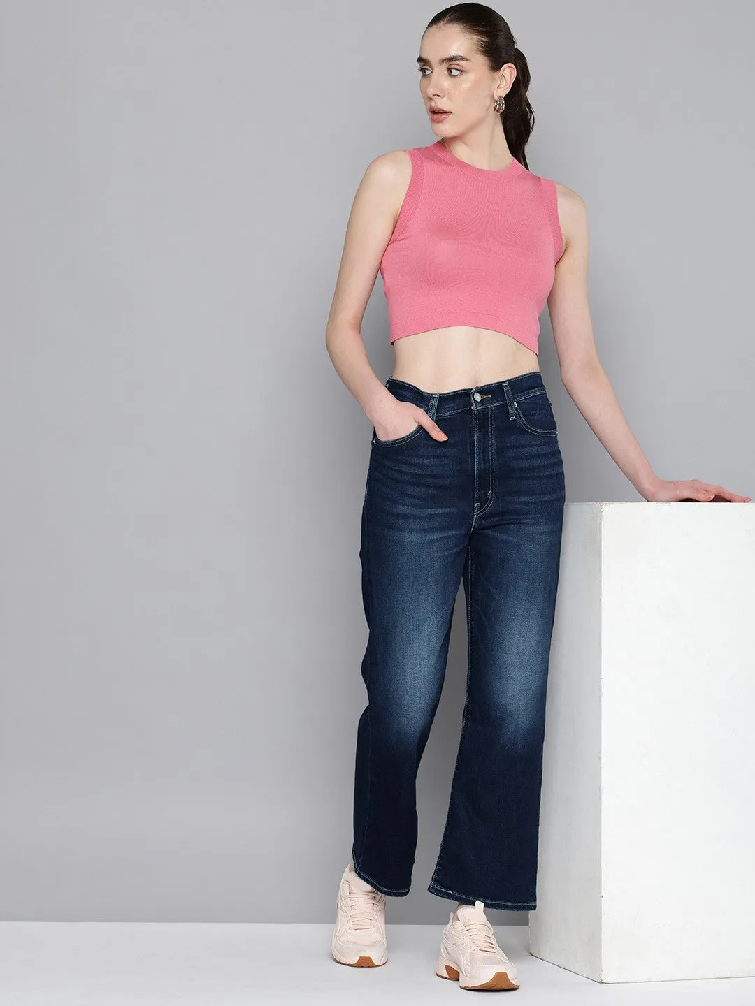 Women's Indigo Ribcage Cropped Bootcut Fit High Rise Jeans Neutral Mood Organic Cotton Material