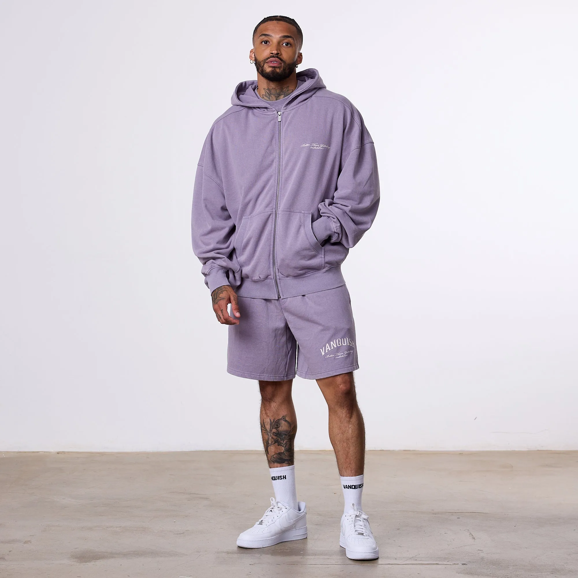 yoga clothes Tailored Cut Vanquish Better Than Yesterday Washed Purple Sweat Shorts