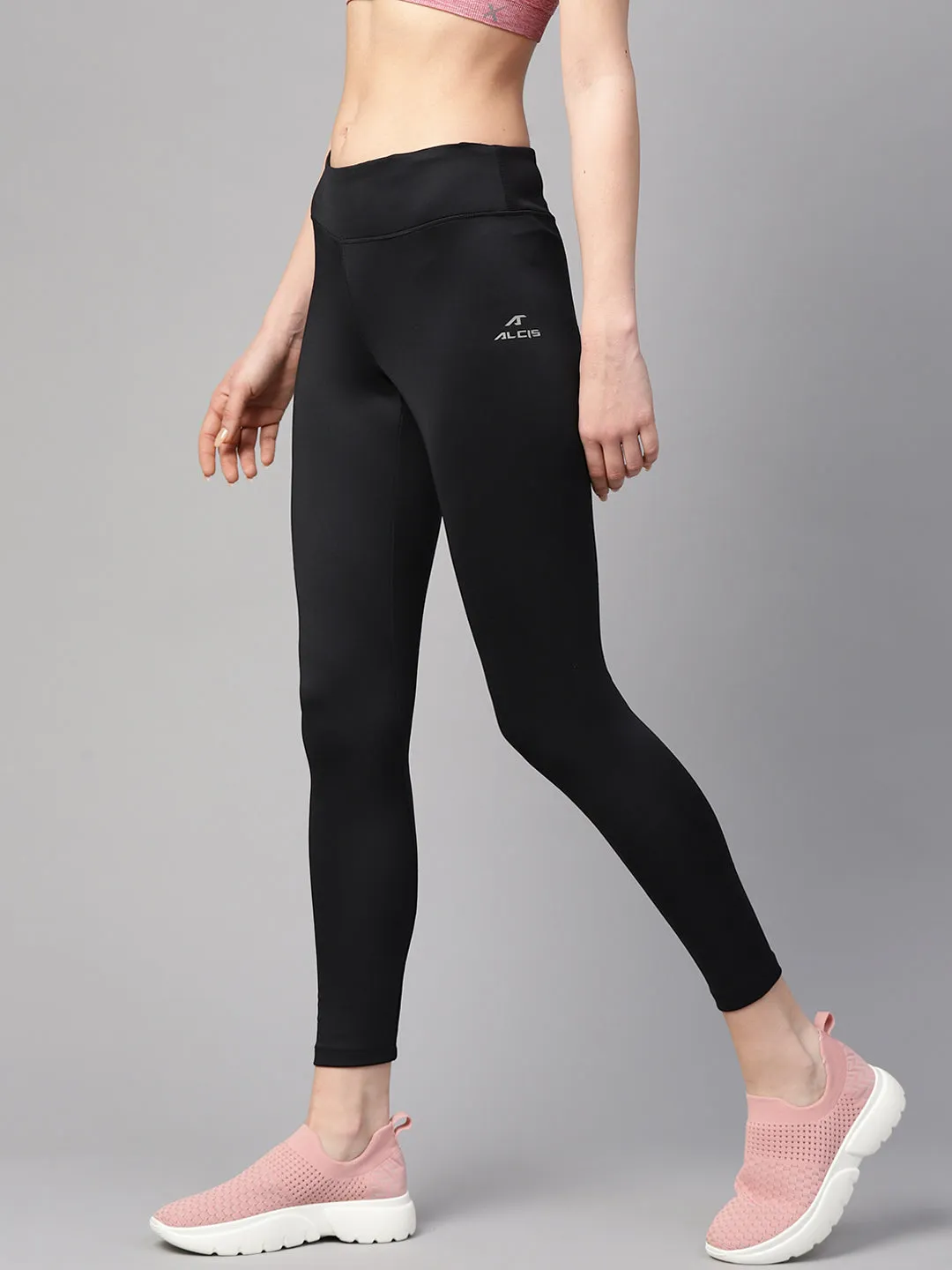 Stretch Fit Beginner Level Alcis Women Black Solid Tights