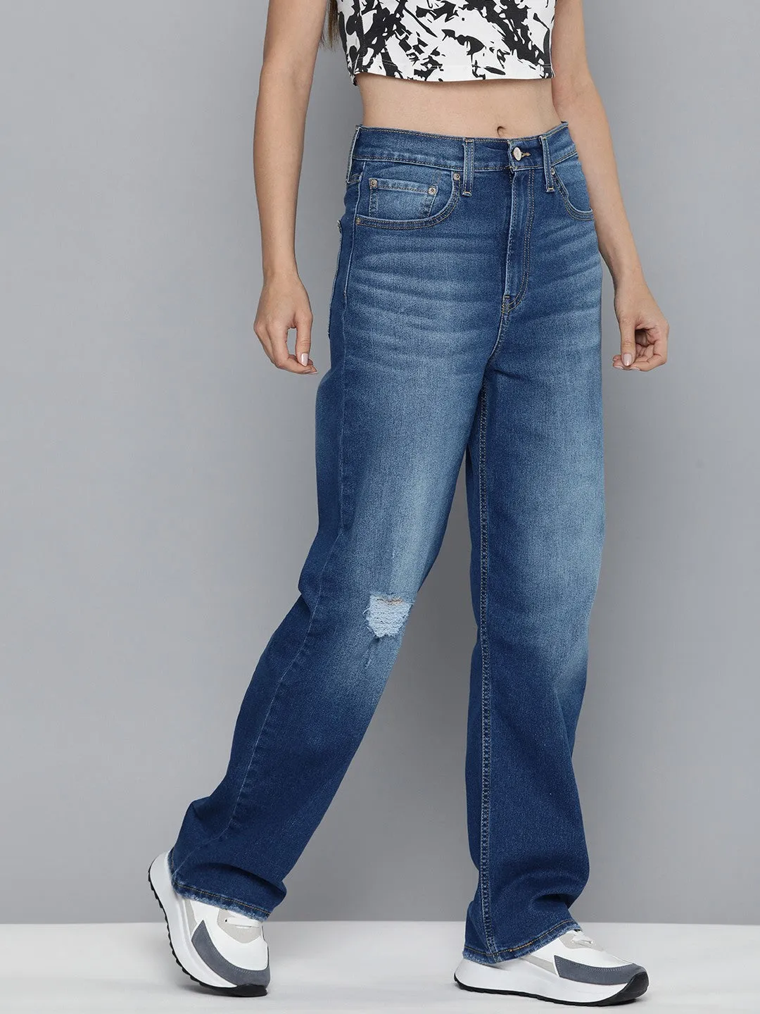 Women's Blue Ribcage Straight Fit High Rise Jeans Tagless Design