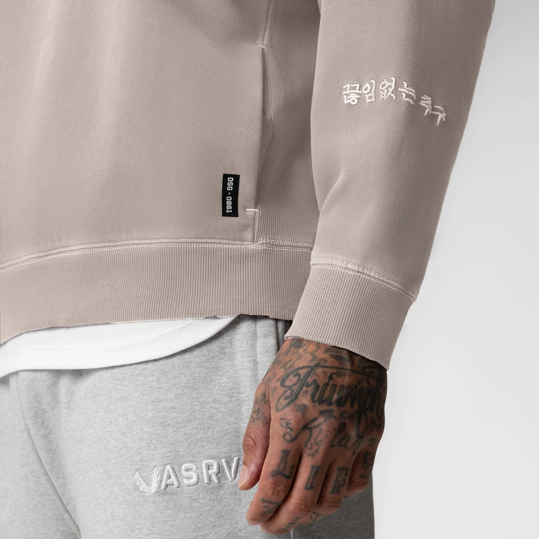 0861. Tech Essential? Distressed Crewneck - Faded Chai Tagless Labeling Sheen