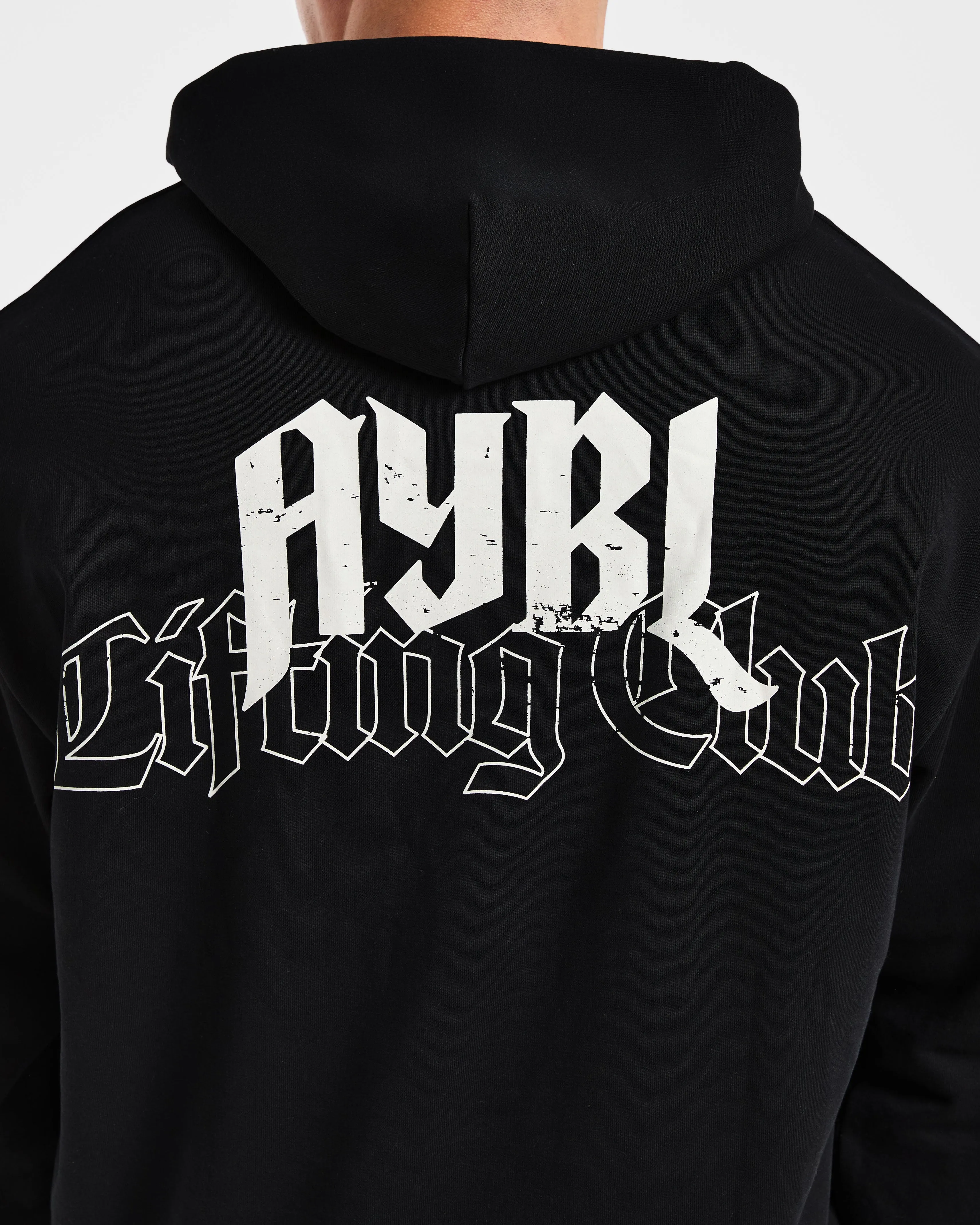 Lifting Club Gothic Oversized Hoodie - Black/Off White Fleece Lined Interior