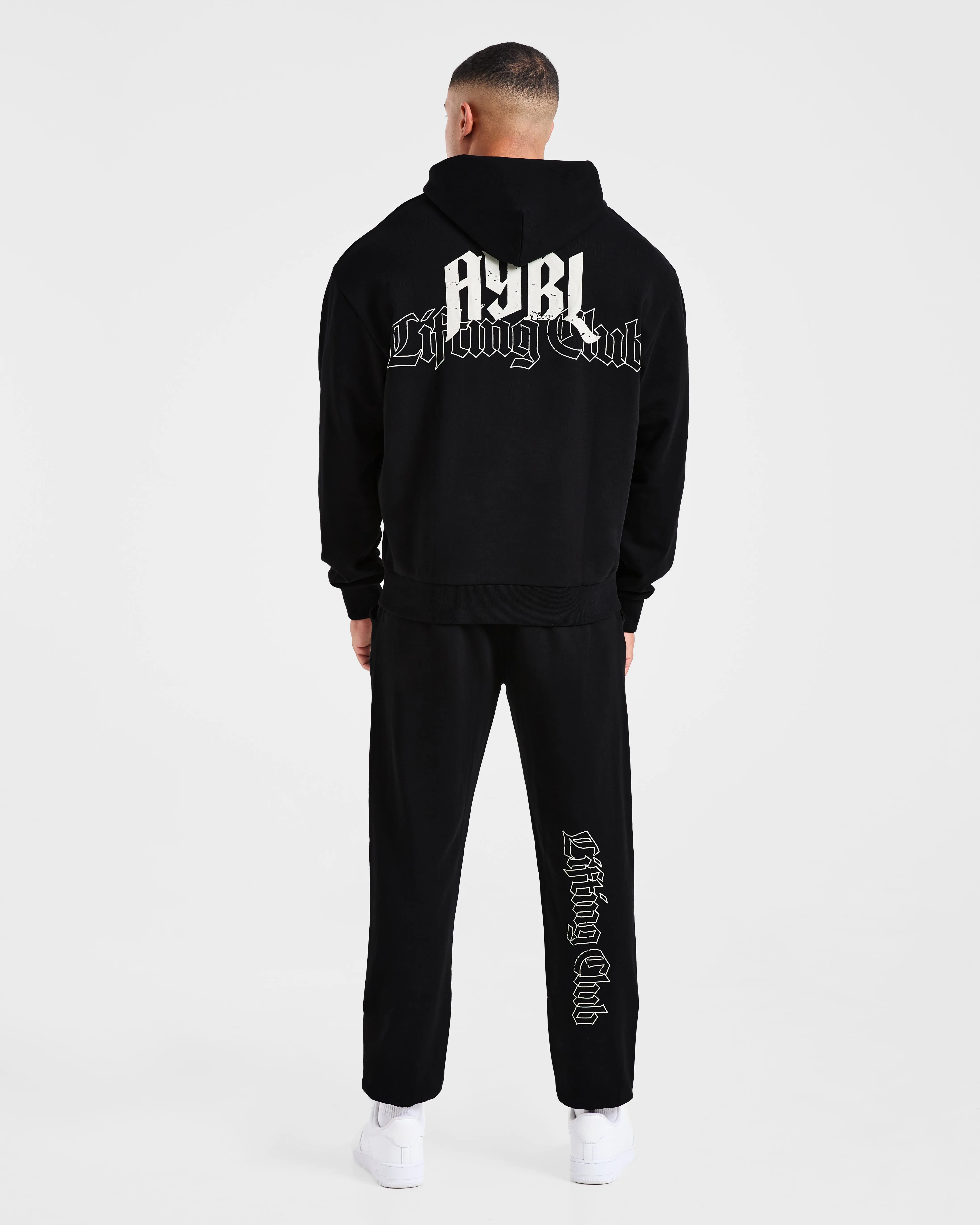 Stretch Knit Technology Lifting Club Gothic Oversized Hoodie - Black/Off White