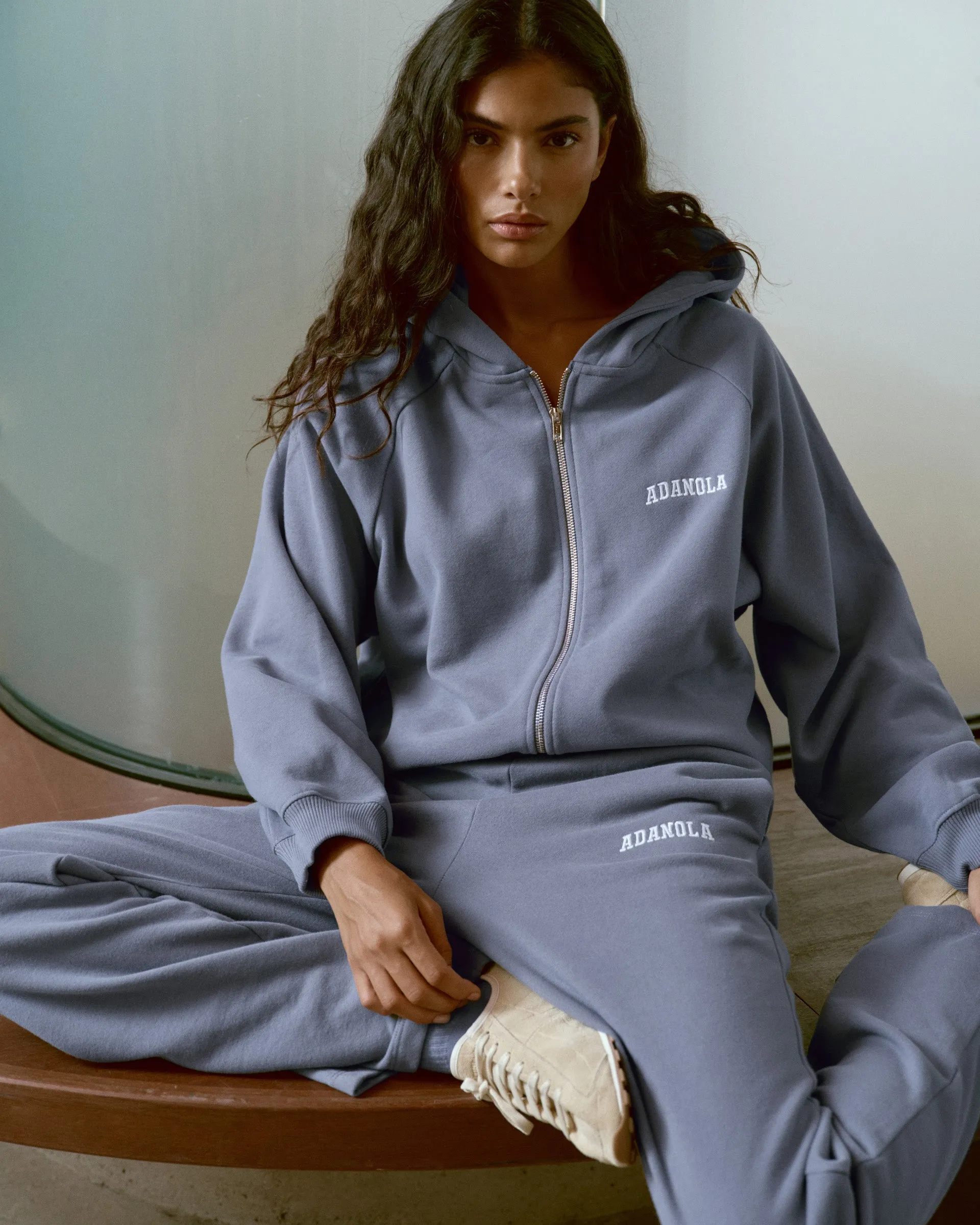 Wardrobe Essential Fade Resistant Dye Varsity Loose Fit Straight Leg Sweatpants - Slate Blue