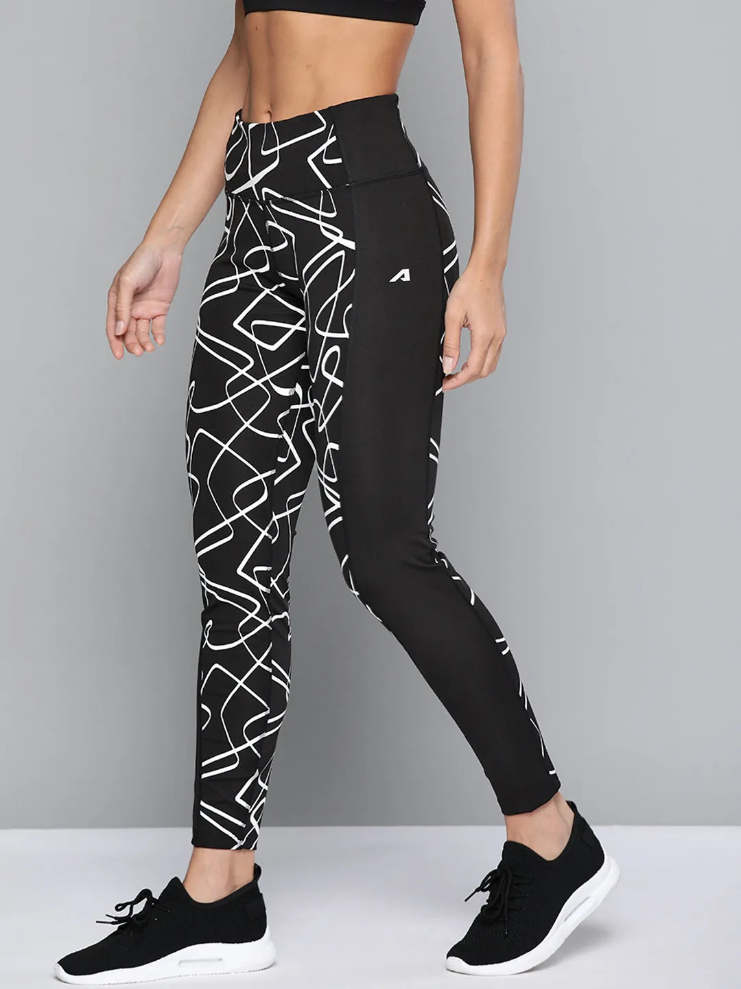 Double Layered Alcis Women Black White Patterned Ankle-Length Sports Tights