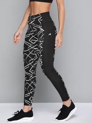 Double Layered Alcis Women Black White Patterned Ankle-Length Sports Tights