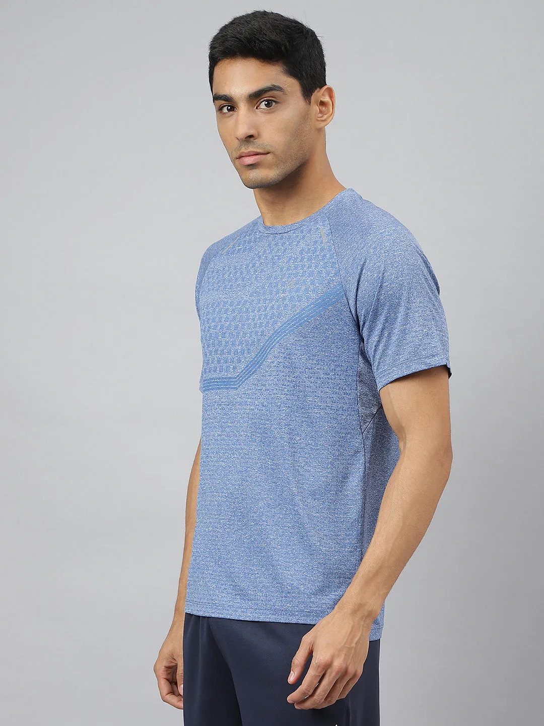 Zero Core AdjustableHemline Alcis Men Blue Heather Anti-Static Slim-Fit Round Neck Distance Running T-Shirt