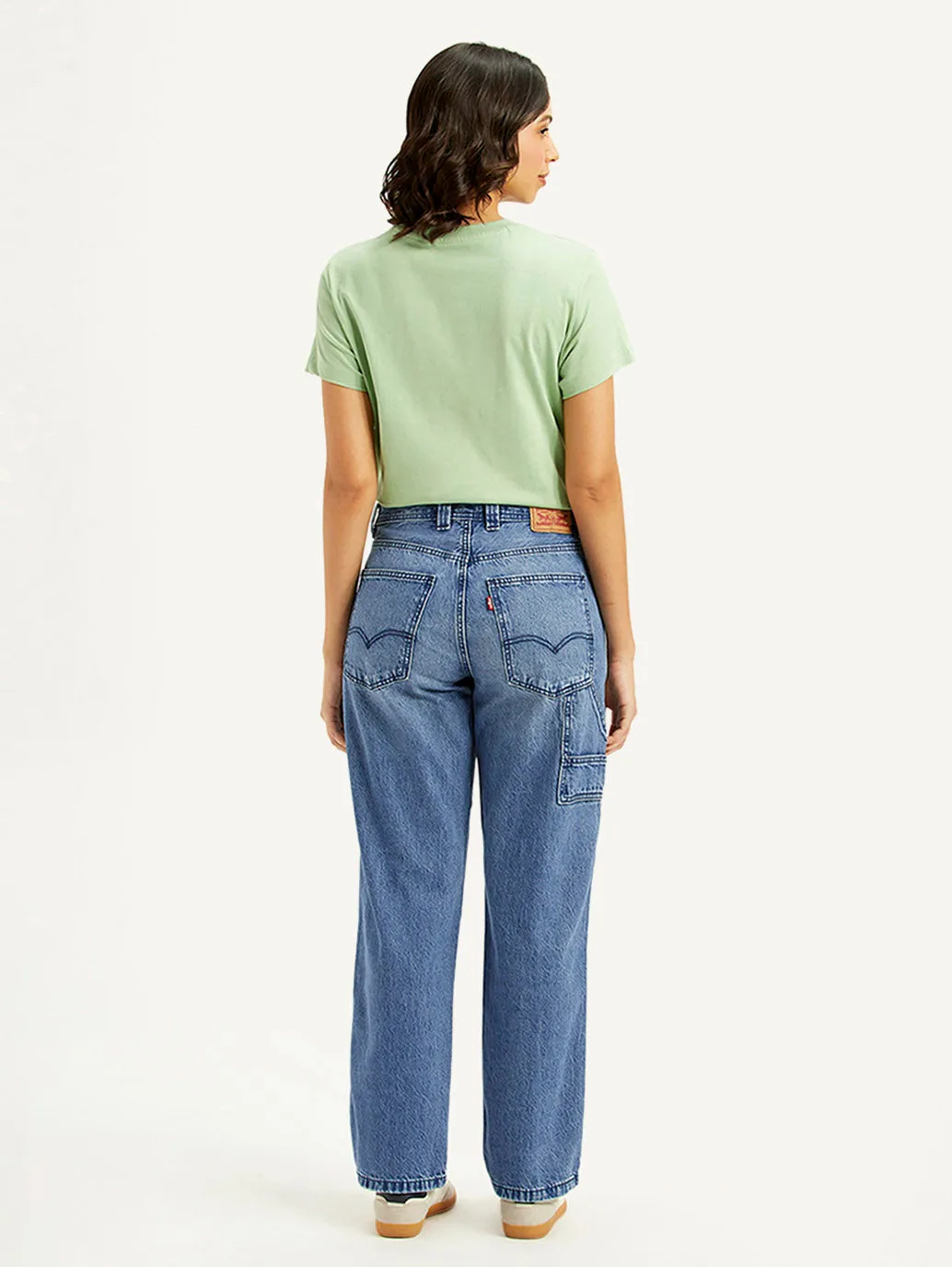 Popular Staple Reinforced Stitching Women's Blue Baggy Fit Mid Rise Carpenter Jeans
