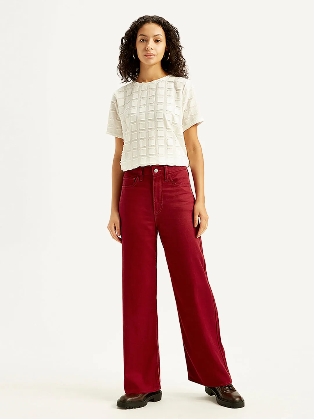 Women's Red Ribcage Bell Bottom Wide Leg Fit High Rise Jeans Basic Outfit Button Fly Closure