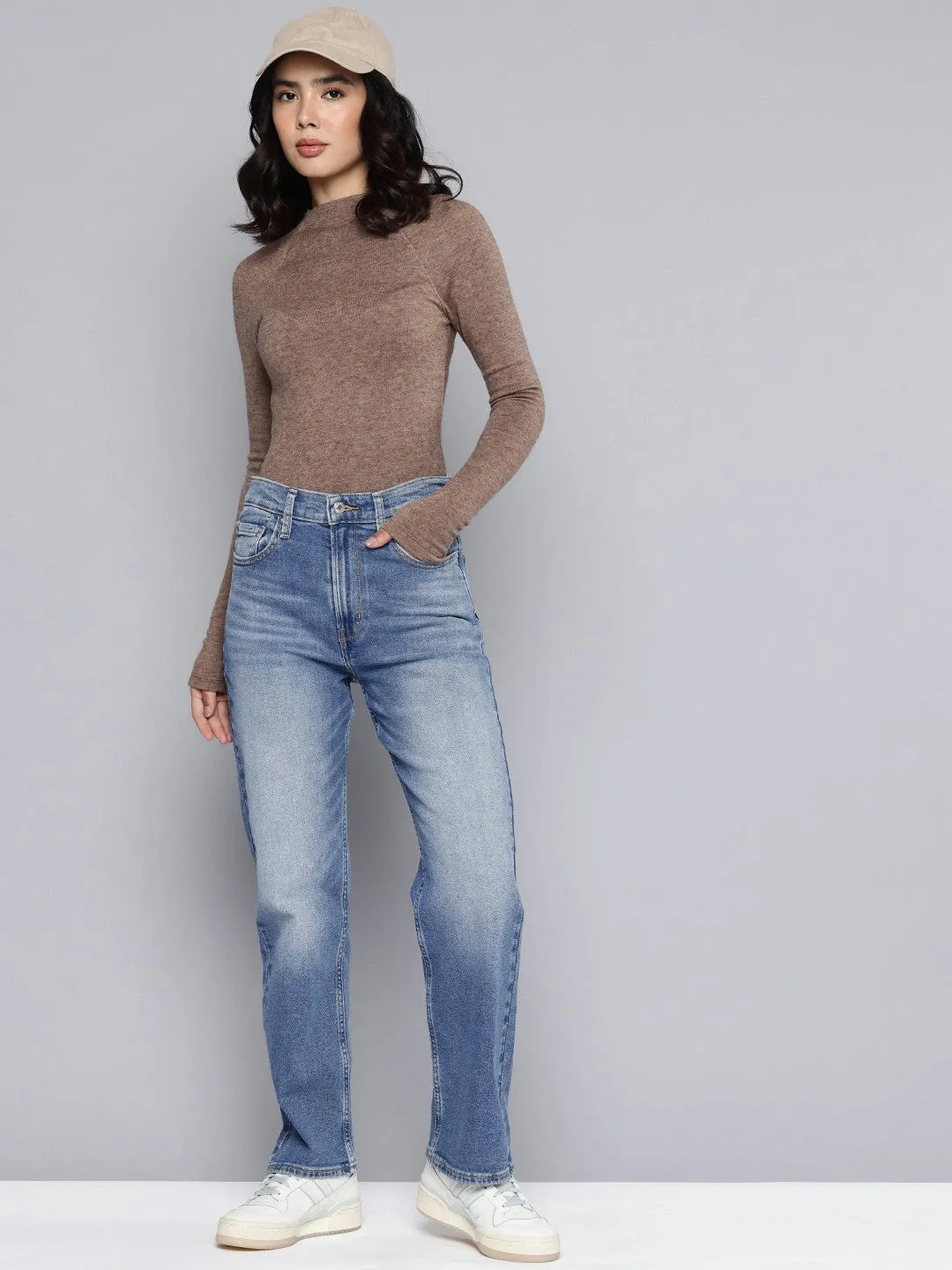 Women's Blue Ribcage Straight Fit High Rise Jeans Essential Piece