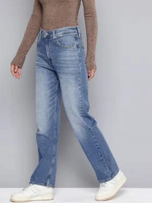 Textured Party Look Soft Daywear Style Women's Blue Ribcage Straight Fit High Rise Jeans