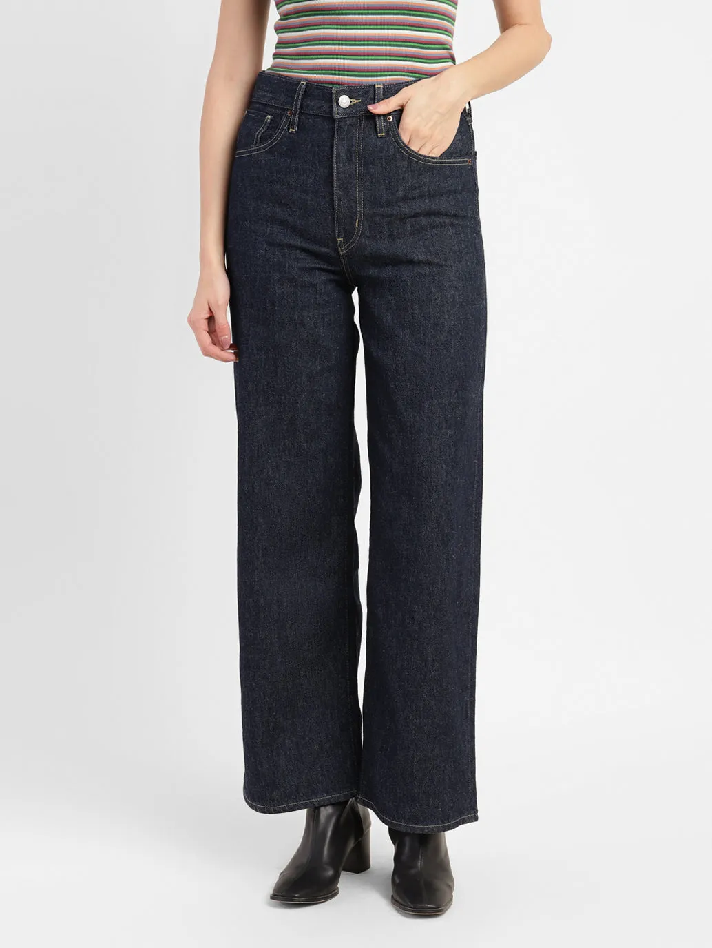 Women's Navy Blue Mile High Wide Leg Fit High Rise Jeans Smooth zipper closure Minimalist Trendy Everyday