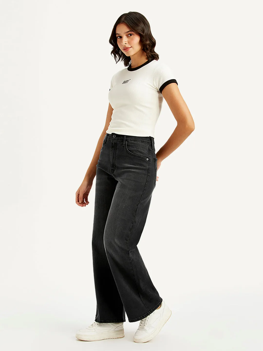 Women's Charcoal Grey Mile High Wide Leg Fit High Rise Jeans Wrinkle Free Fabric Treatment