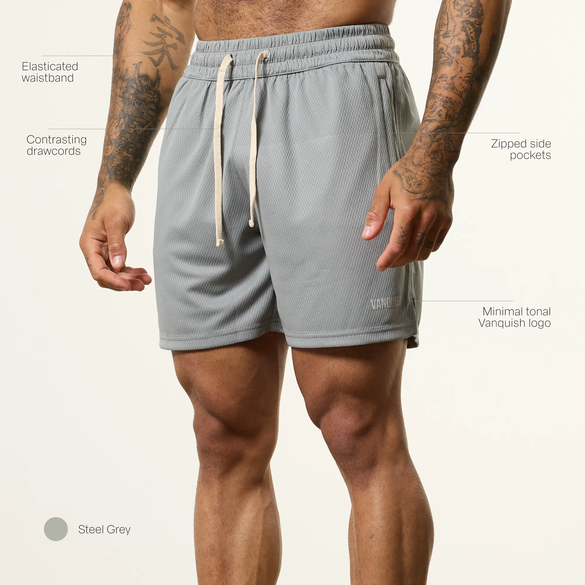 Vanquish Essential V2 Steel Grey Mesh Shorts rhinestone accents