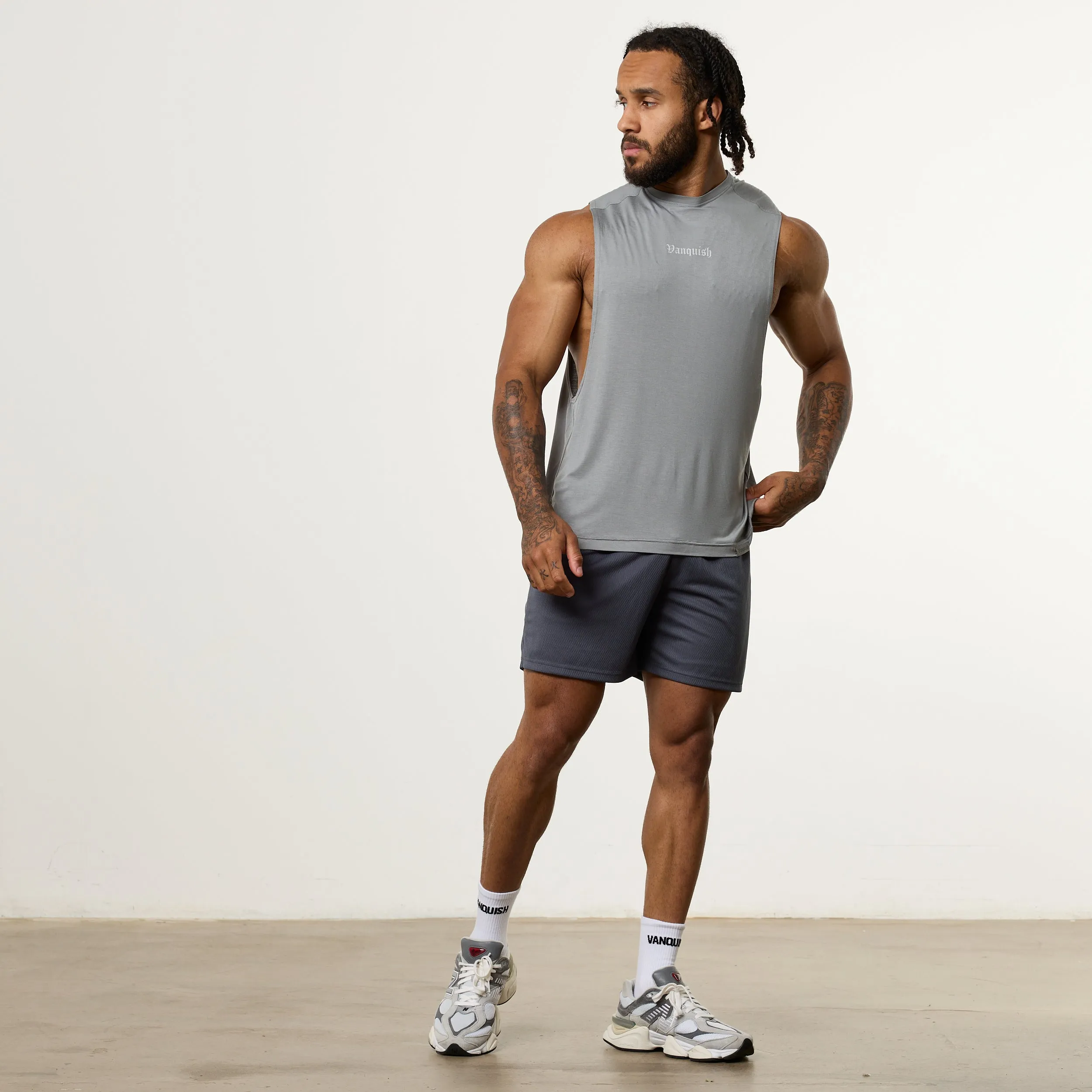 Preppy Holiday Style Vanquish Ultra Soft Steel Grey Oversized Sleeveless T Shirt