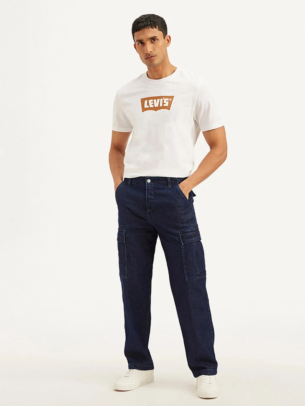 Men's Navy Blue Straight Fit Mid Rise Cargo Jeans Versatile Relaxed Style