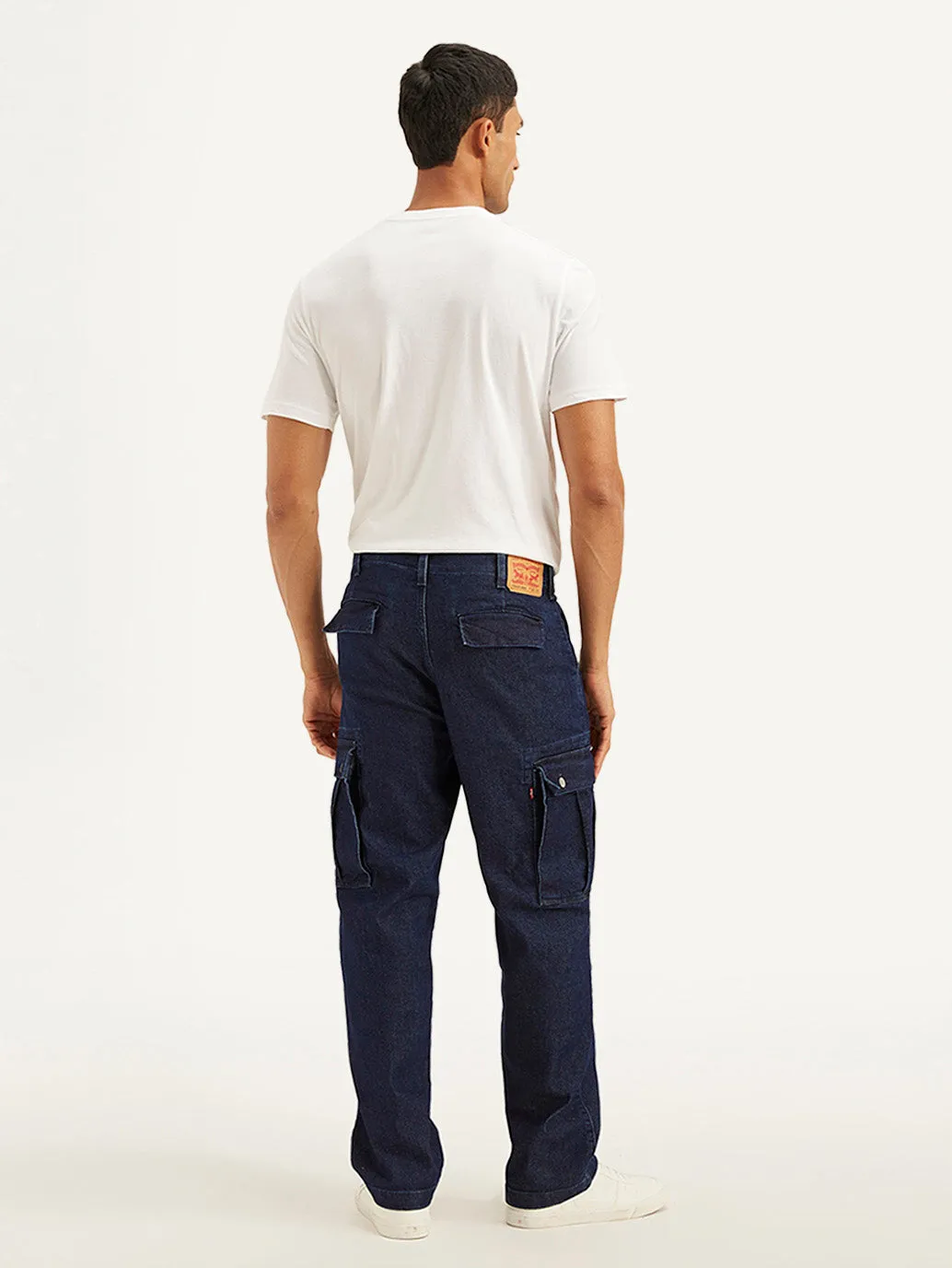 Men's Navy Blue Straight Fit Mid Rise Cargo Jeans Minimal Shrinkage Fabric Versatile Weekend Style