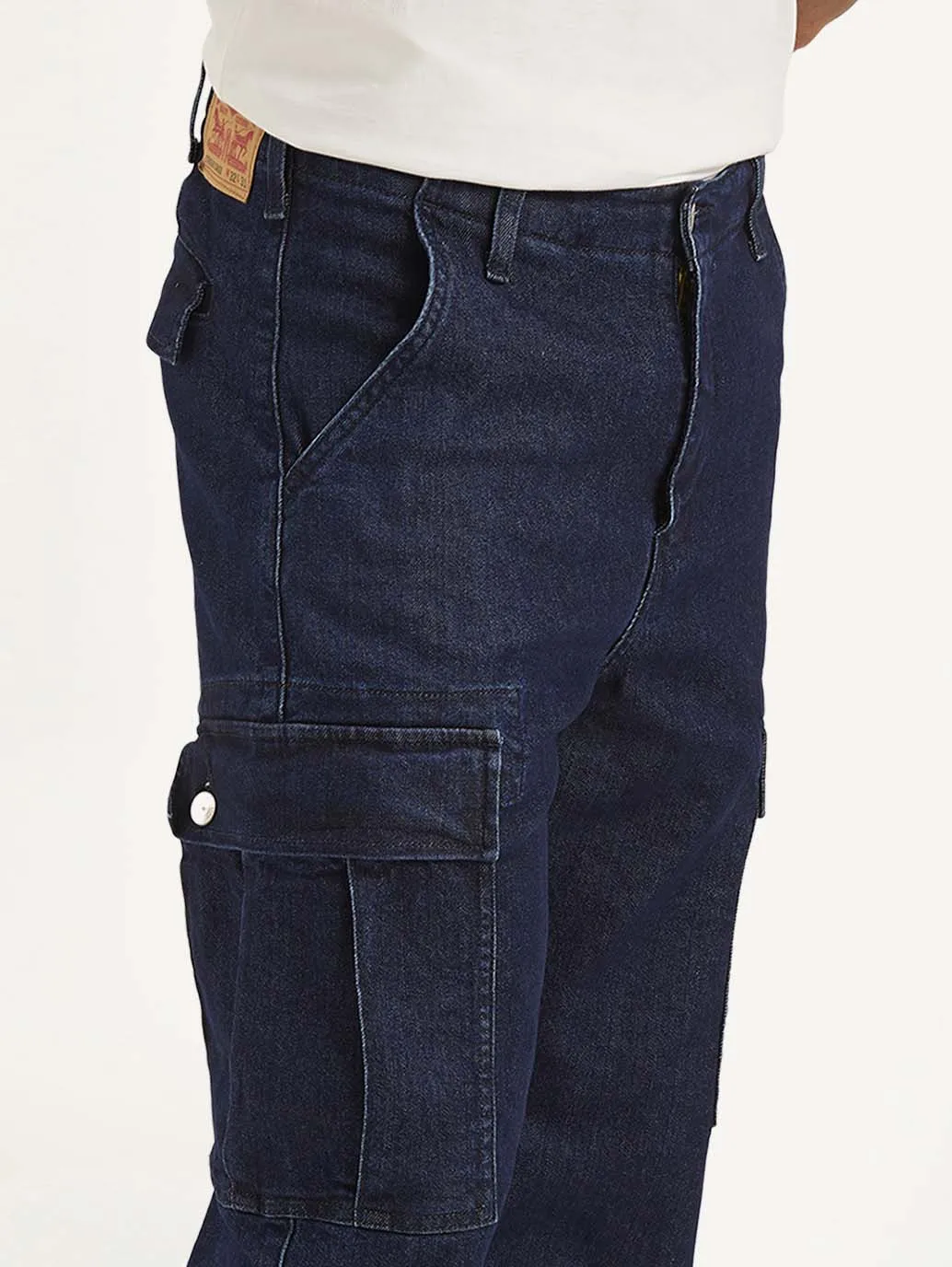 Men's Navy Blue Straight Fit Mid Rise Cargo Jeans Stay Comfortable Luxury Textured Athlete Fit