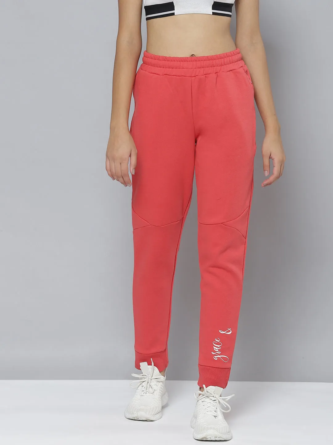 Alcis Women Red Typography Printed Slim Fit Sports Joggers Anti Pilling Finish Travel Fit