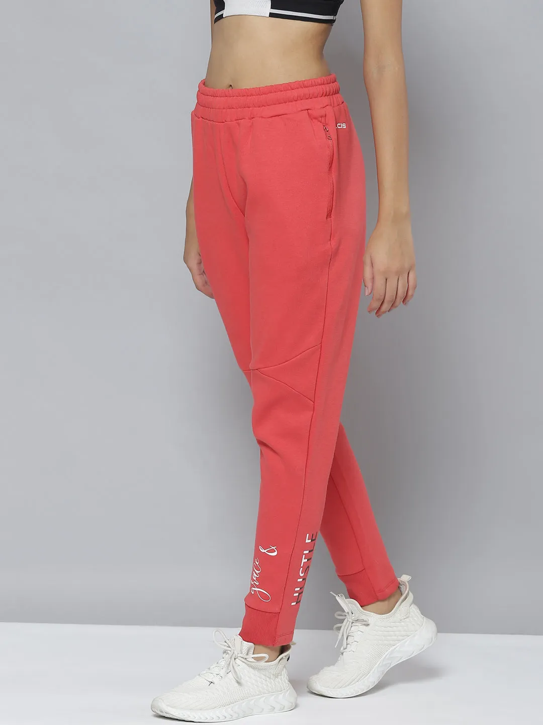 Alcis Women Red Typography Printed Slim Fit Sports Joggers Move Comfort No Ride Up