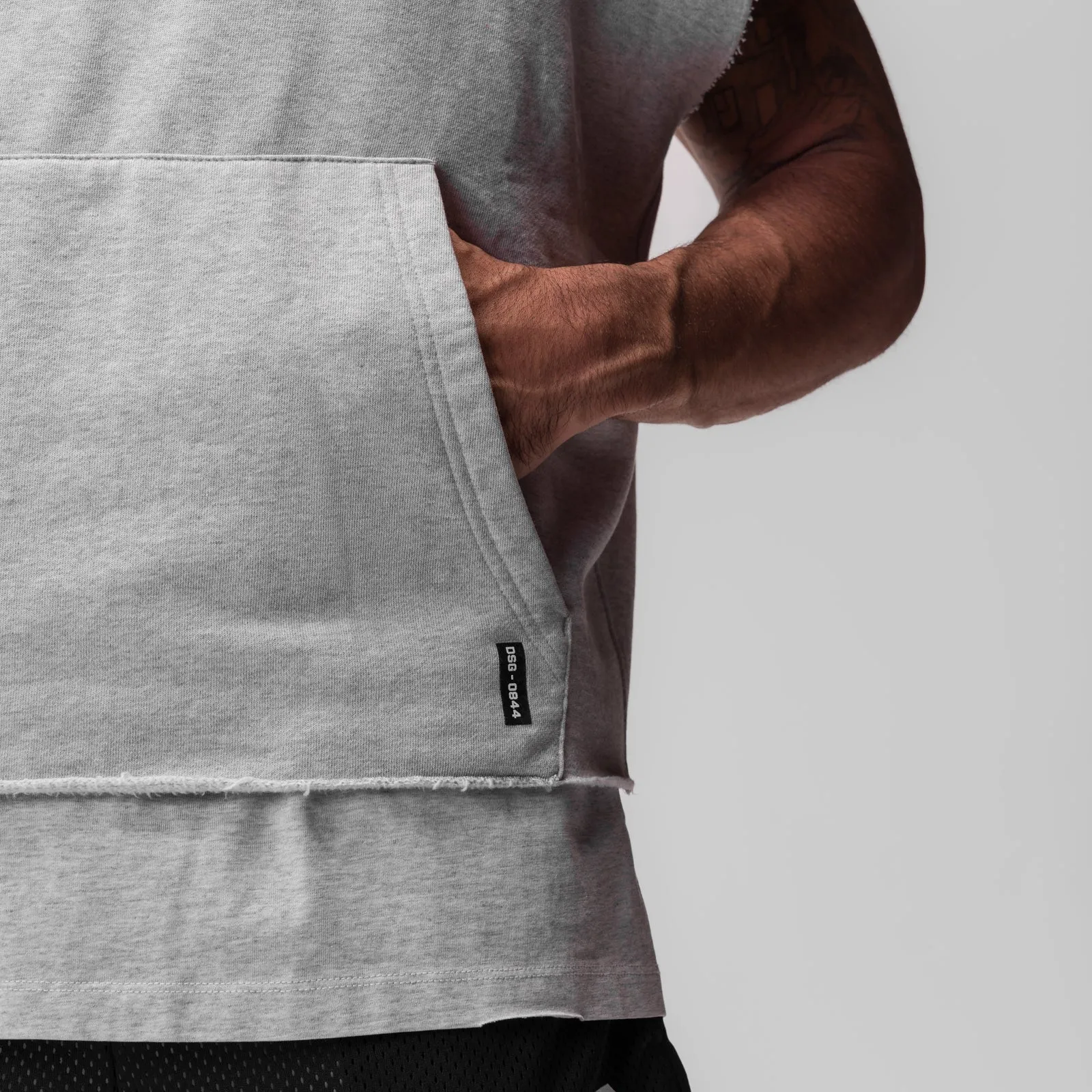 0844. Tech Essential? Raw Hem Cutoff Hoodie - Heather Grey Street Times Guinea pig like