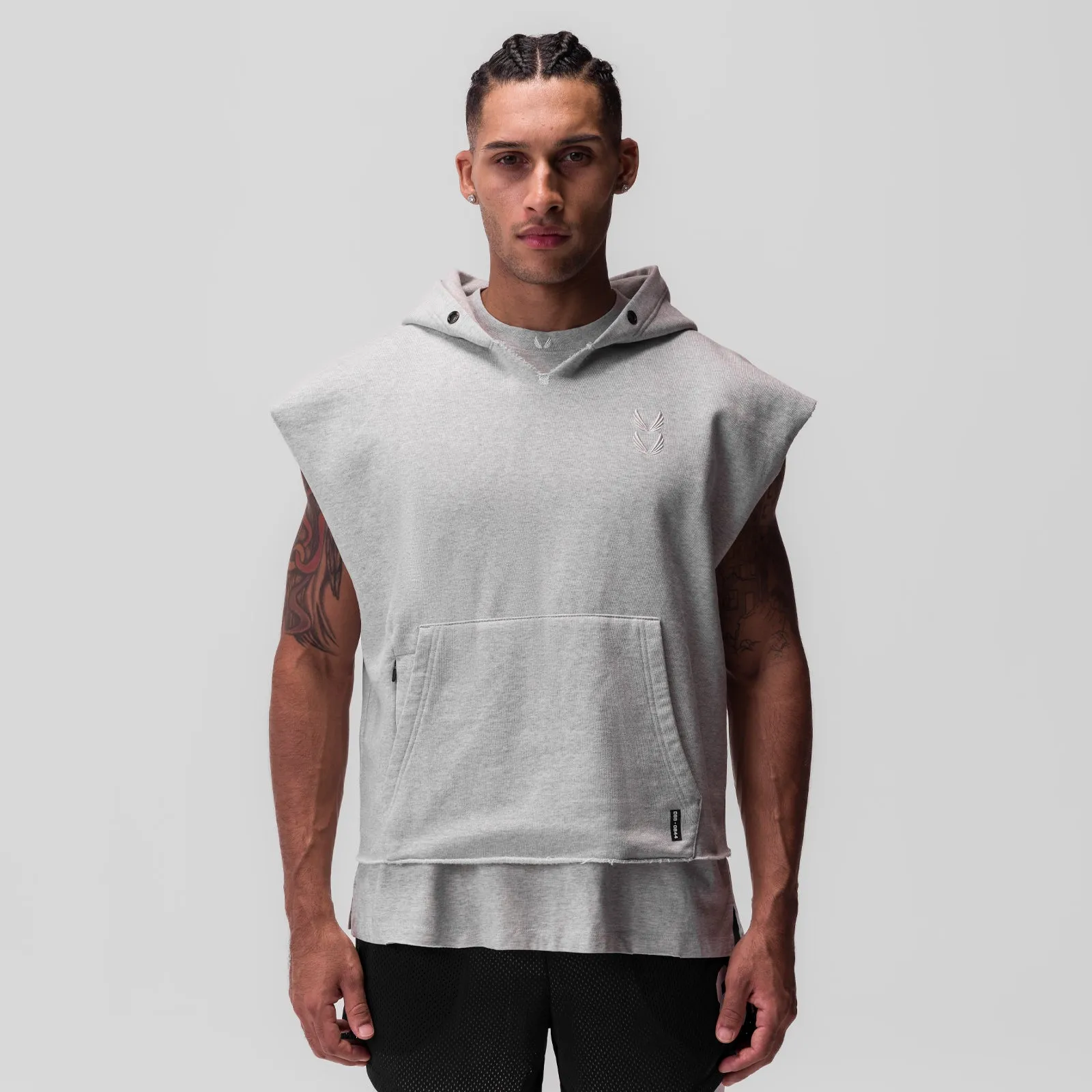 0844. Tech Essential? Raw Hem Cutoff Hoodie - Heather Grey Sporty Style