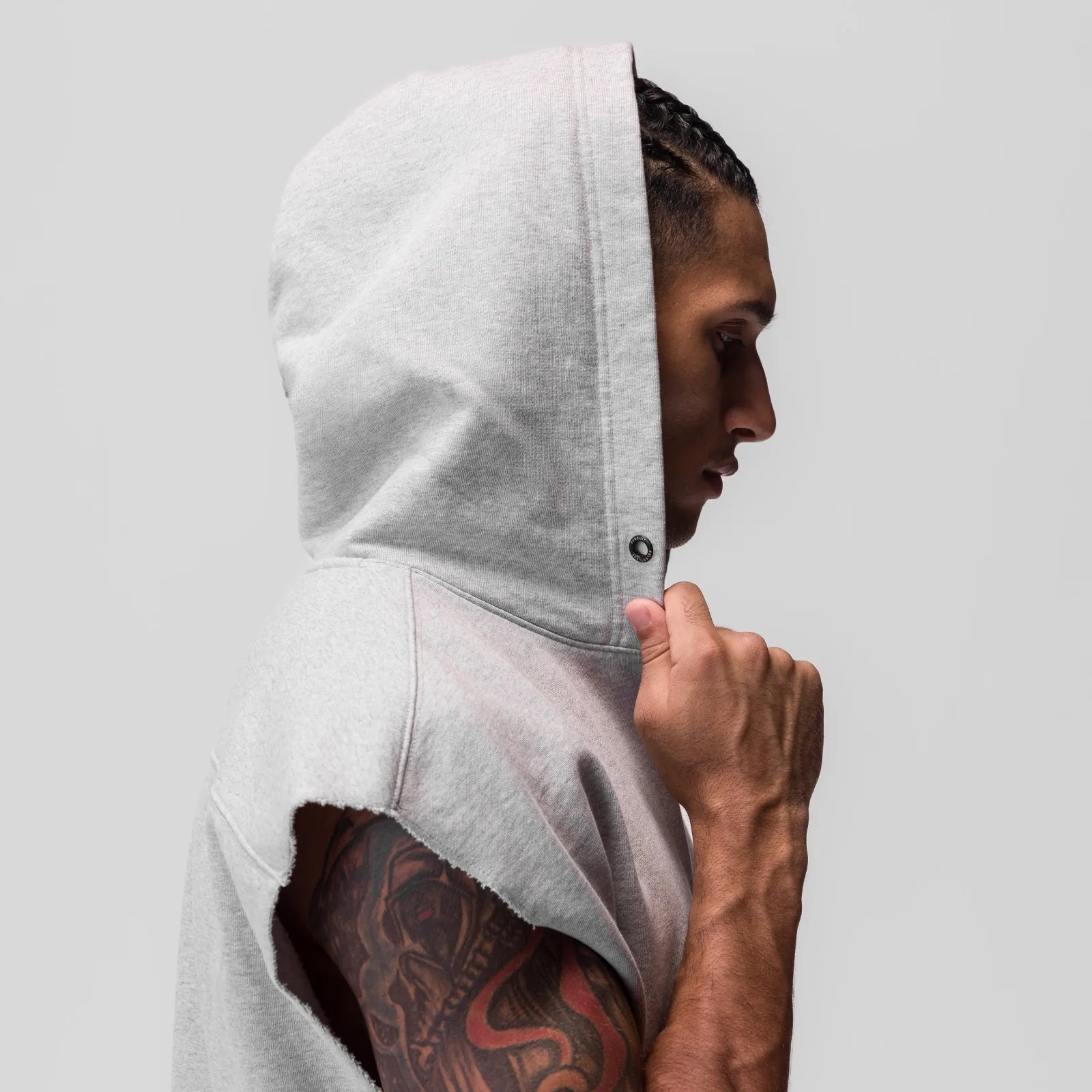 0844. Tech Essential? Raw Hem Cutoff Hoodie - Heather Grey Celebrity Worn